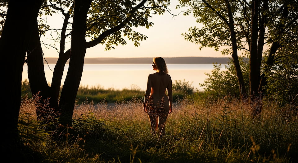 Une femme adulte, de dos ou de trois‑quarts dos, dans un cadre naturiste en pleine nature (lumière douce du matin ou de fin de journée), entourée d’éléments naturels (arbres, herbes hautes, lac ou mer au loin). Son corps est représenté avec réalisme (pas de silhouette parfaite), en assumant ses formes, ses éventuelles vergetures, cicatrices ou rondeurs, pour symboliser l’acceptation de soi et la diversité des corps féminins.