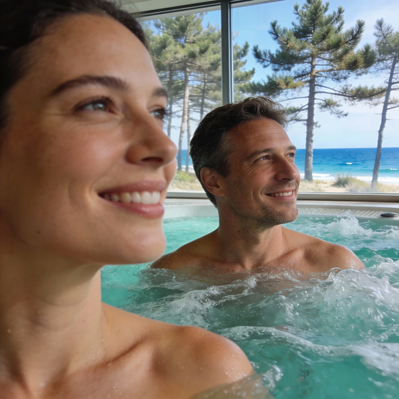 couple naturiste effectuant un parcours marin dans une thalassothérapie naturiste
