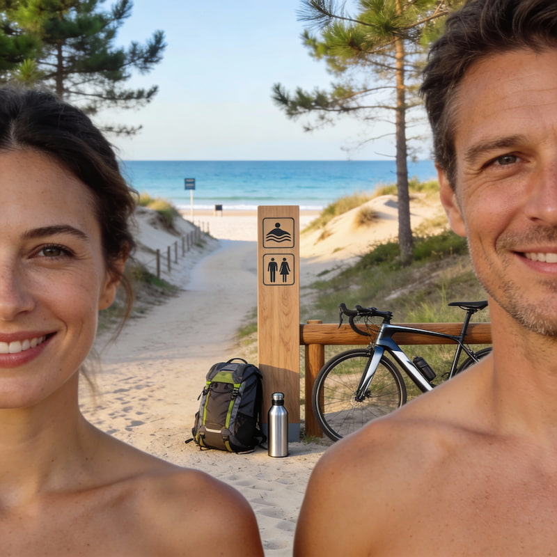 Couple de naturistes devant un sentier allant vers une plage pour illustrer la charte d'accueil du slow naturisme