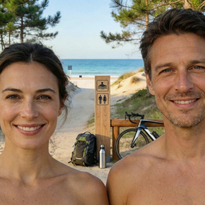 Couple de naturistes devant un sentier allant vers une plage pour illustrer la charte d'accueil du slow naturisme