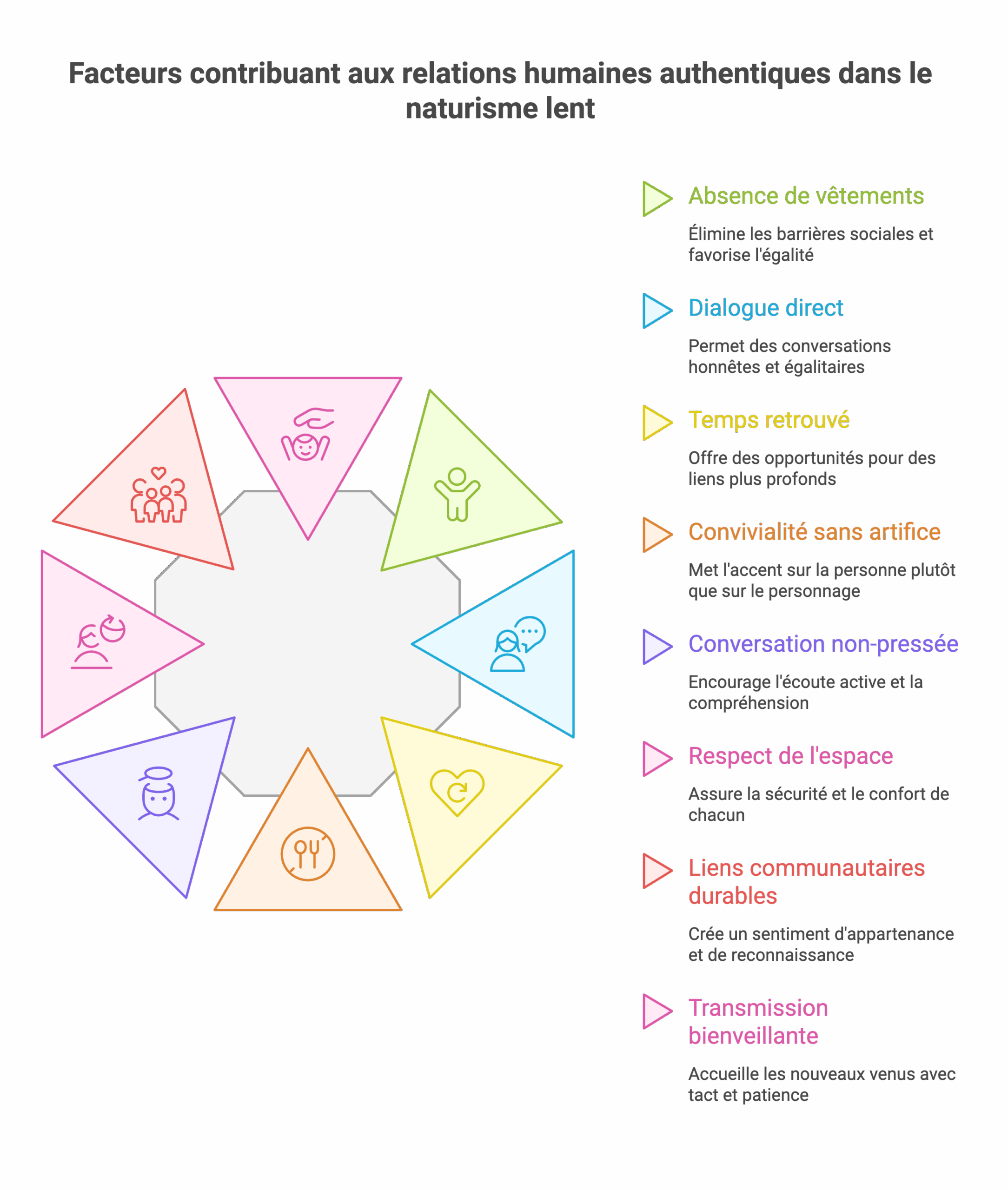 Infographie: facteurs contribuant aux relations humaines authentiques dans le naturisme lent