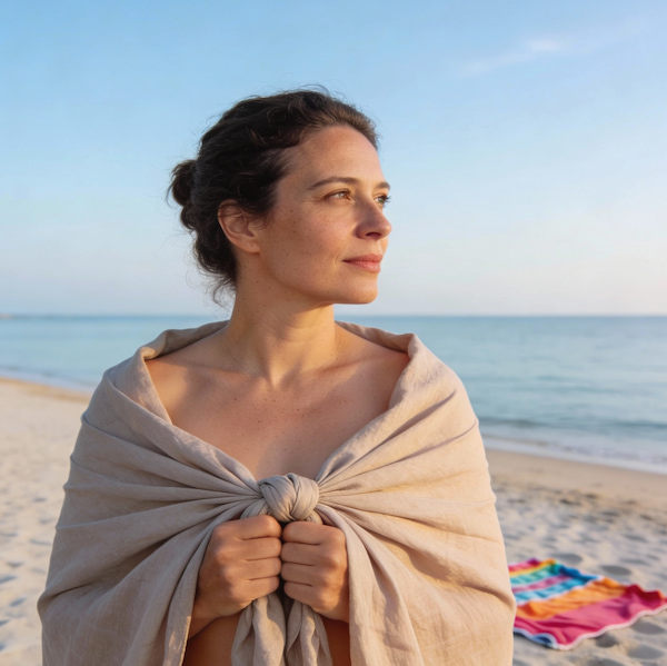 femme naturiste en bord de mer regardant l'horizon avec une serviette à ses pieds symbole du respect dans le naturisme