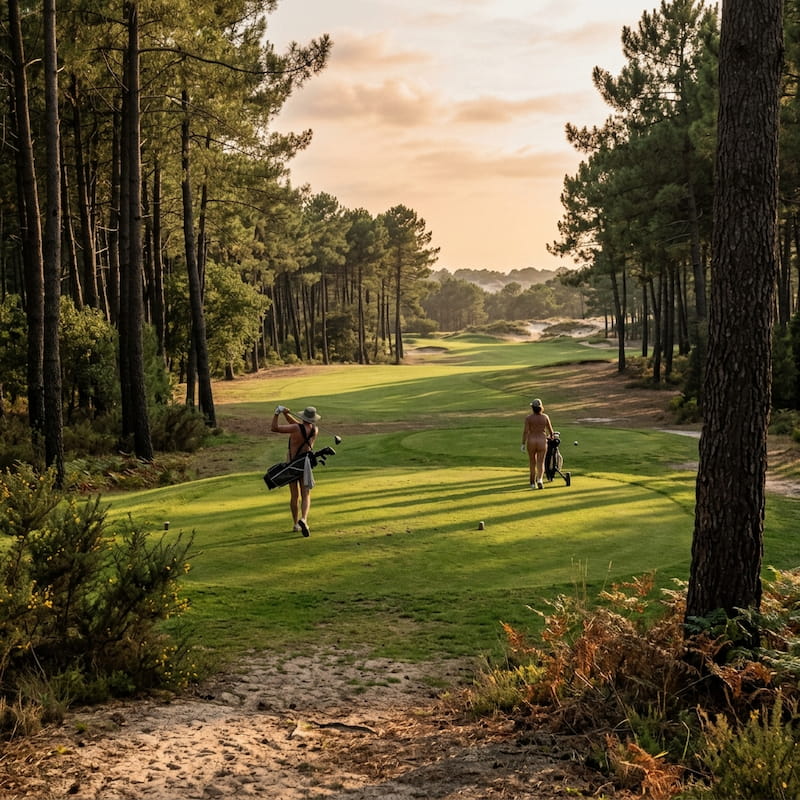 Parcours de golf naturiste La Jenny Gironde France - Golf nu nature pins maritimes côte atlantique Landes - Tourisme naturiste sport bien-être